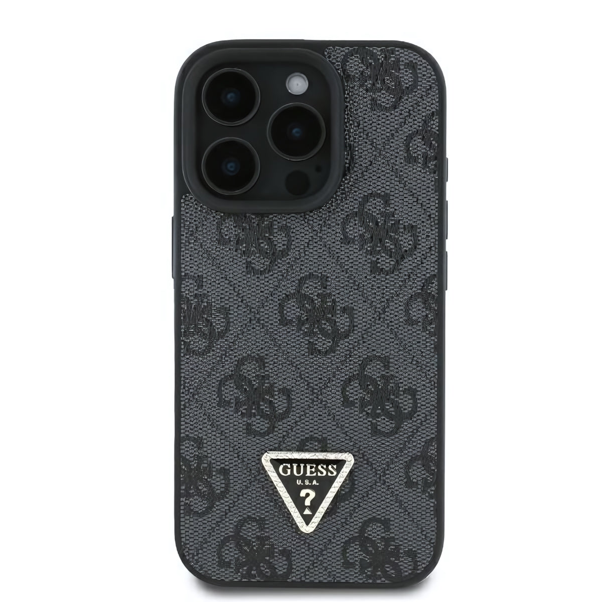 Handyhülle für iPhone 16 Pro Max, Guess HardCase Leather 4G Triangle Strass, Schwarz