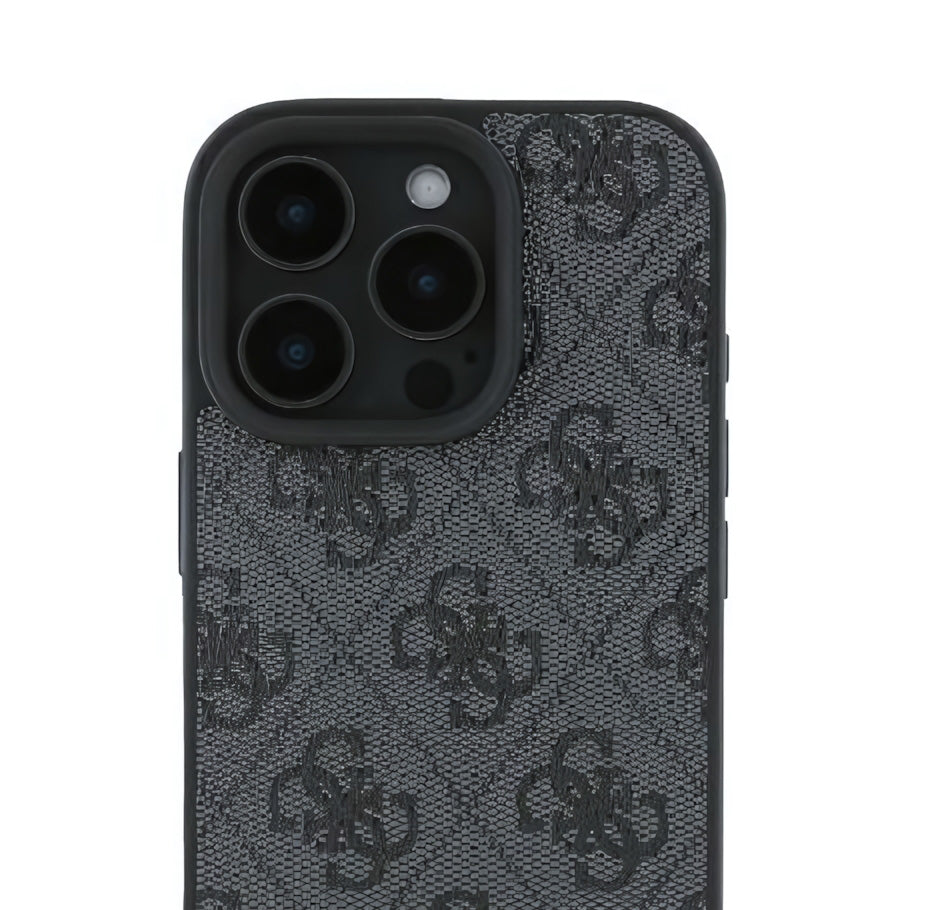 Handyhülle für iPhone 16 Pro Max, Guess HardCase Leather 4G Triangle Strass, Schwarz