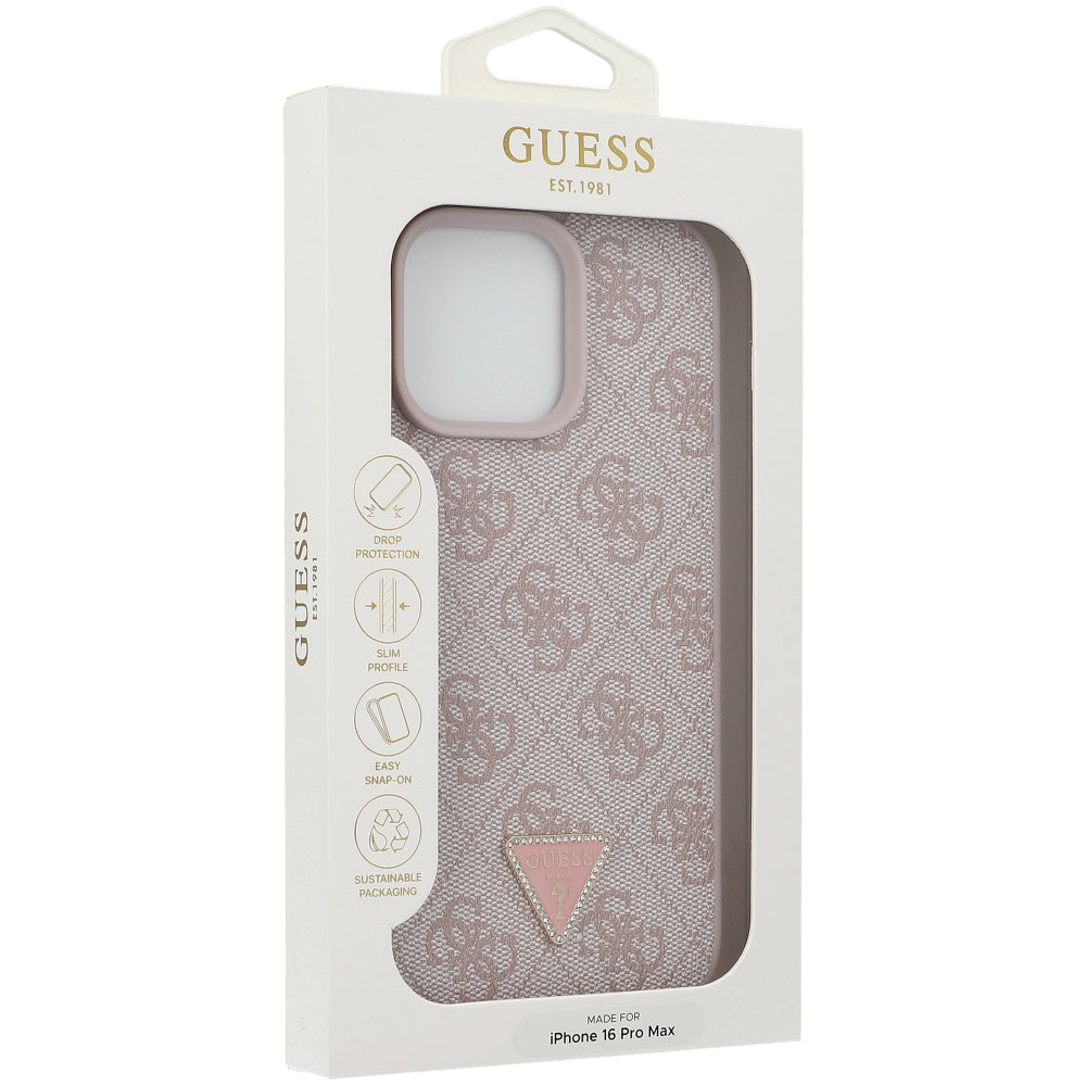 Handyhülle für iPhone 16 Pro Max, Guess HardCase Leather 4G Triangle Strass, Rosa