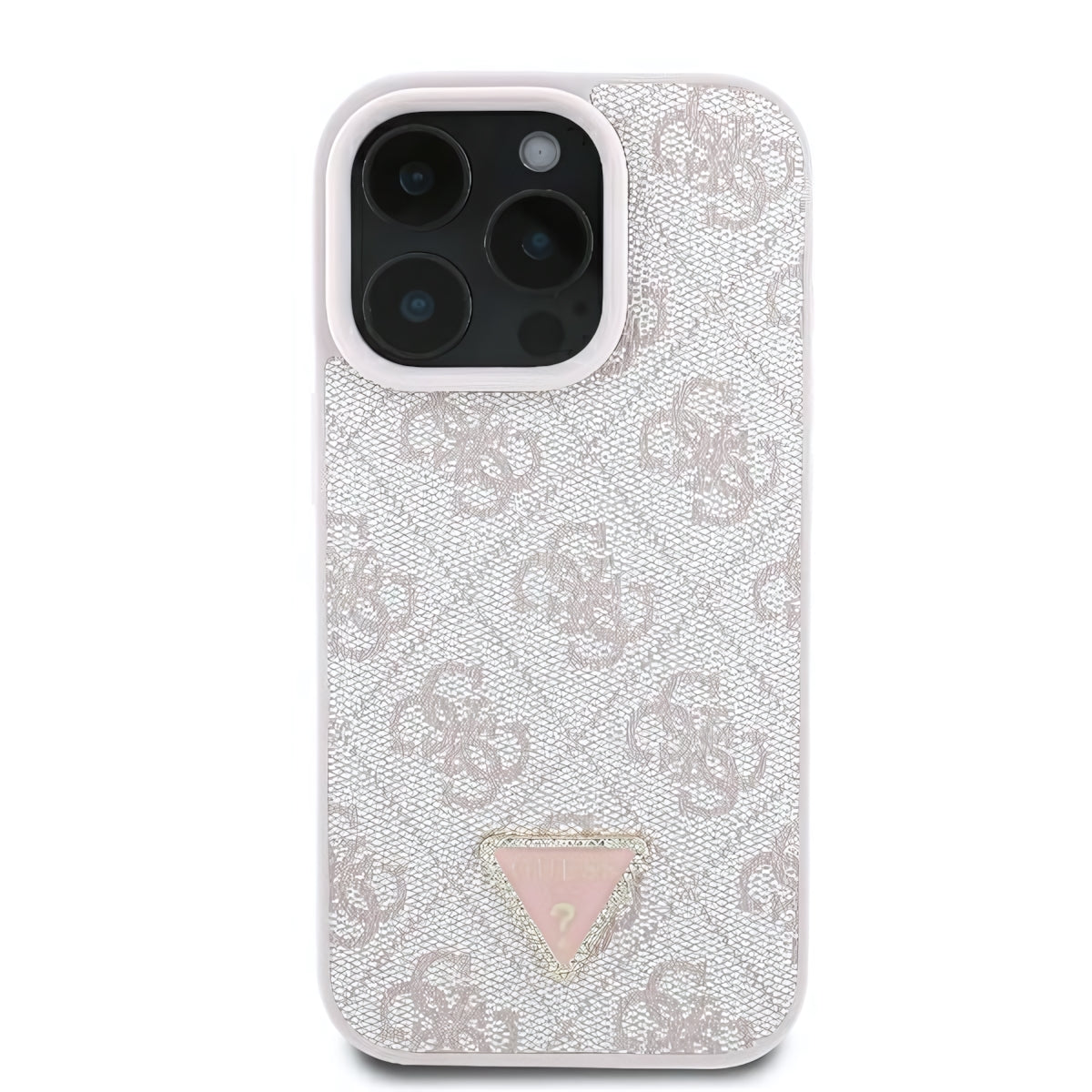 Handyhülle für iPhone 16 Pro Max, Guess HardCase Leather 4G Triangle Strass, Rosa