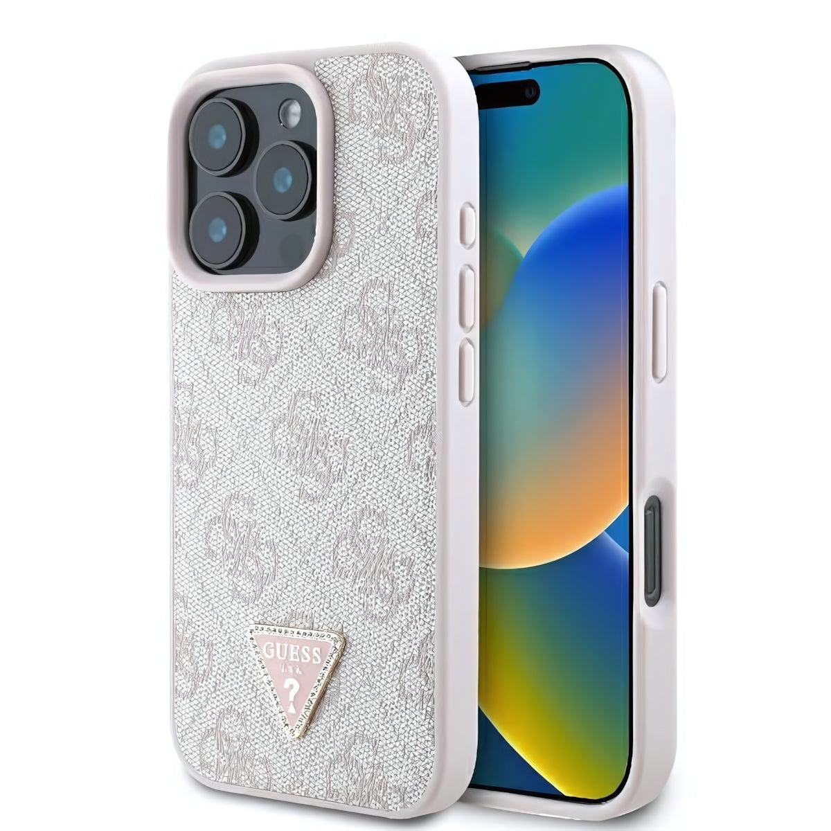 Handyhülle für iPhone 16 Pro Max, Guess HardCase Leather 4G Triangle Strass, Rosa