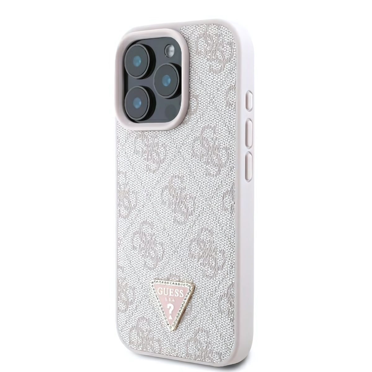 Handyhülle für iPhone 16 Pro Max, Guess HardCase Leather 4G Triangle Strass, Rosa