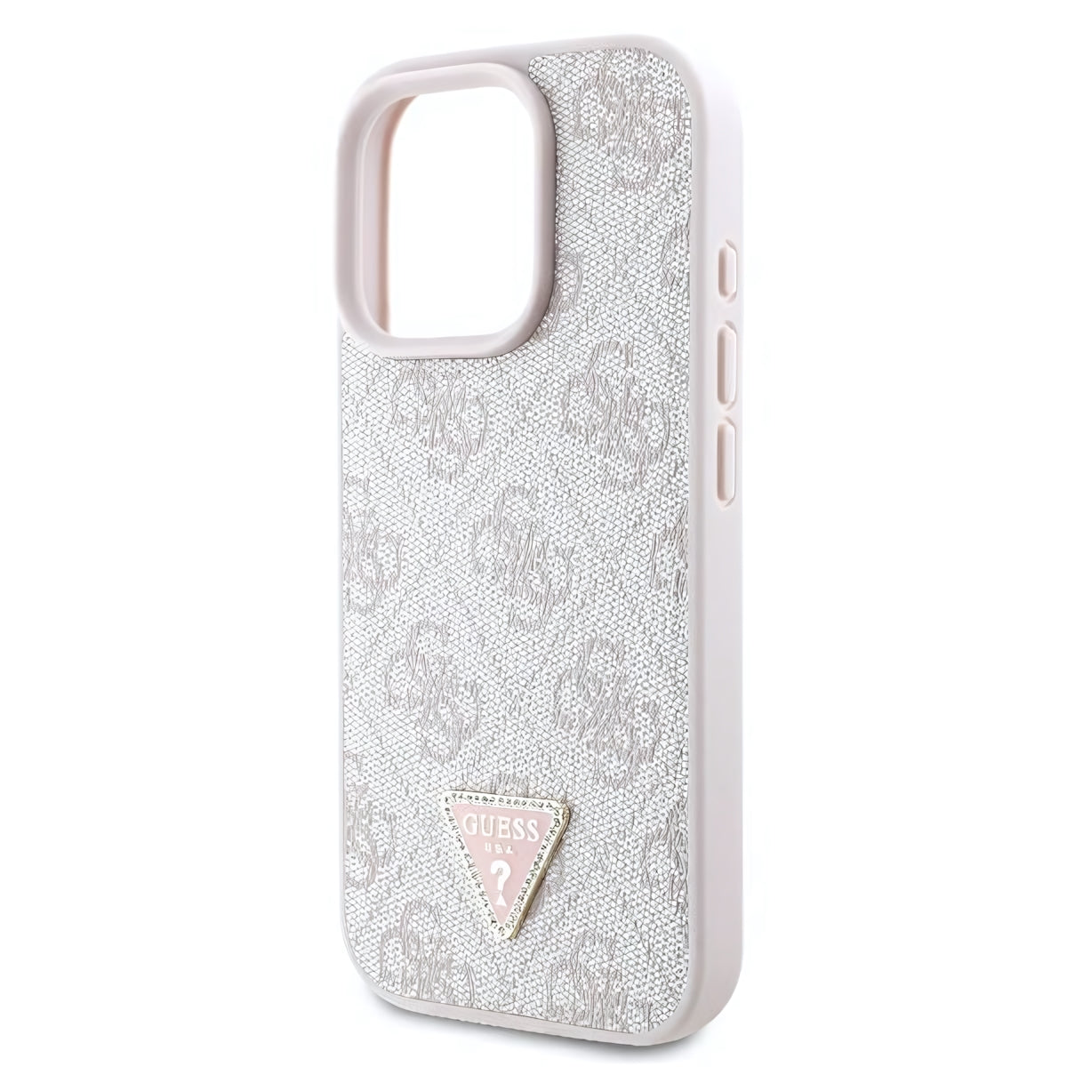Handyhülle für iPhone 16 Pro Max, Guess HardCase Leather 4G Triangle Strass, Rosa