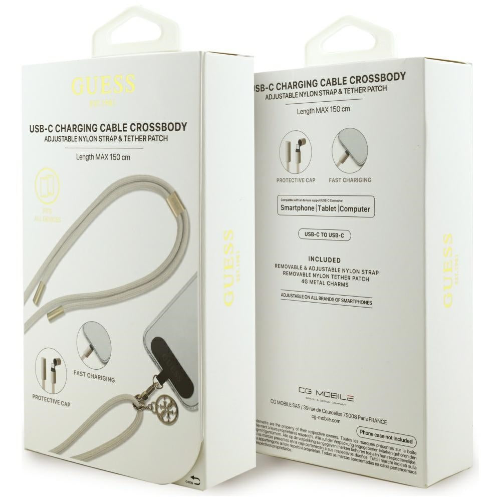 Neck Lanyard für Smartphone, Guess Crossbody 4G Metal Charm, inkl. USB-C Kabel, 150 cm, Beige