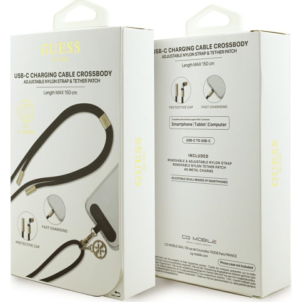 Neck Lanyard für Smartphone, Guess Crossbody 4G Metal Charm, inkl. USB-C Kabel, 150 cm, Schwarz