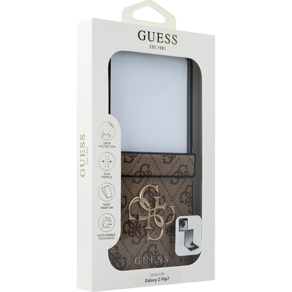 Handyhülle für Galaxy Z Flip7, Guess Hardcase 4G Big 4G Classic Logo, Braun mit Goldenen Elementen