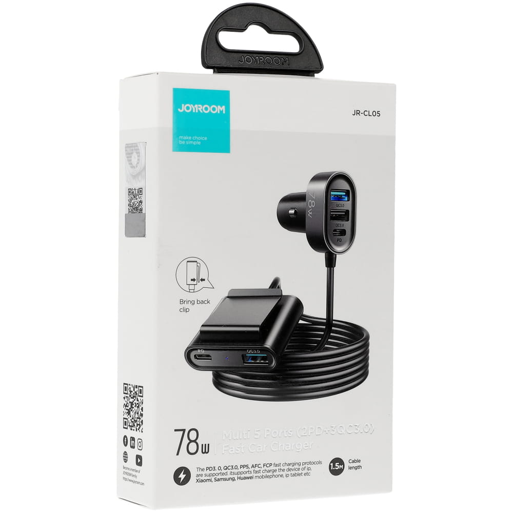 Autoladegerät Joyroom 5-in-1 JR-CL05 78W, 3x USB-A QC, 2x USB-C PD, 1,5m, Schwarz