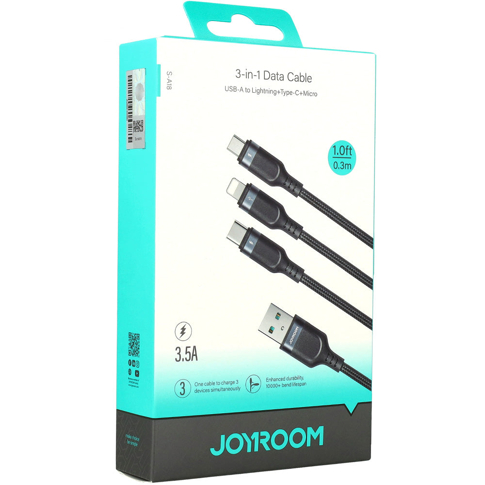 Ladekabel / Datenkabel USB-A zu USB-C / Lightning / microUSB, Joyroom 3in1, 3.5A, 0,3m, Schwarz