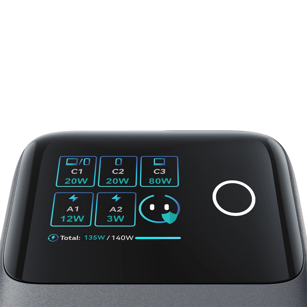 Ladestation GaN mit 140W, 3x USB-C PD 3.1 und 2x USB-A QC 3.0, JoyRoom Podix JR-TRD01, mit LCD-Display, Grau
