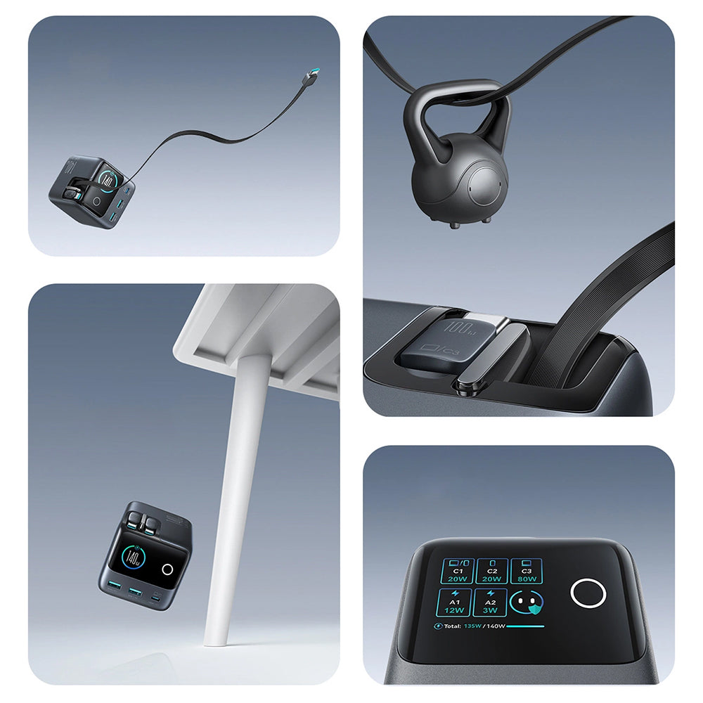 Ladestation GaN mit 140W, 3x USB-C PD 3.1 und 2x USB-A QC 3.0, JoyRoom Podix JR-TRD01, mit LCD-Display, Grau