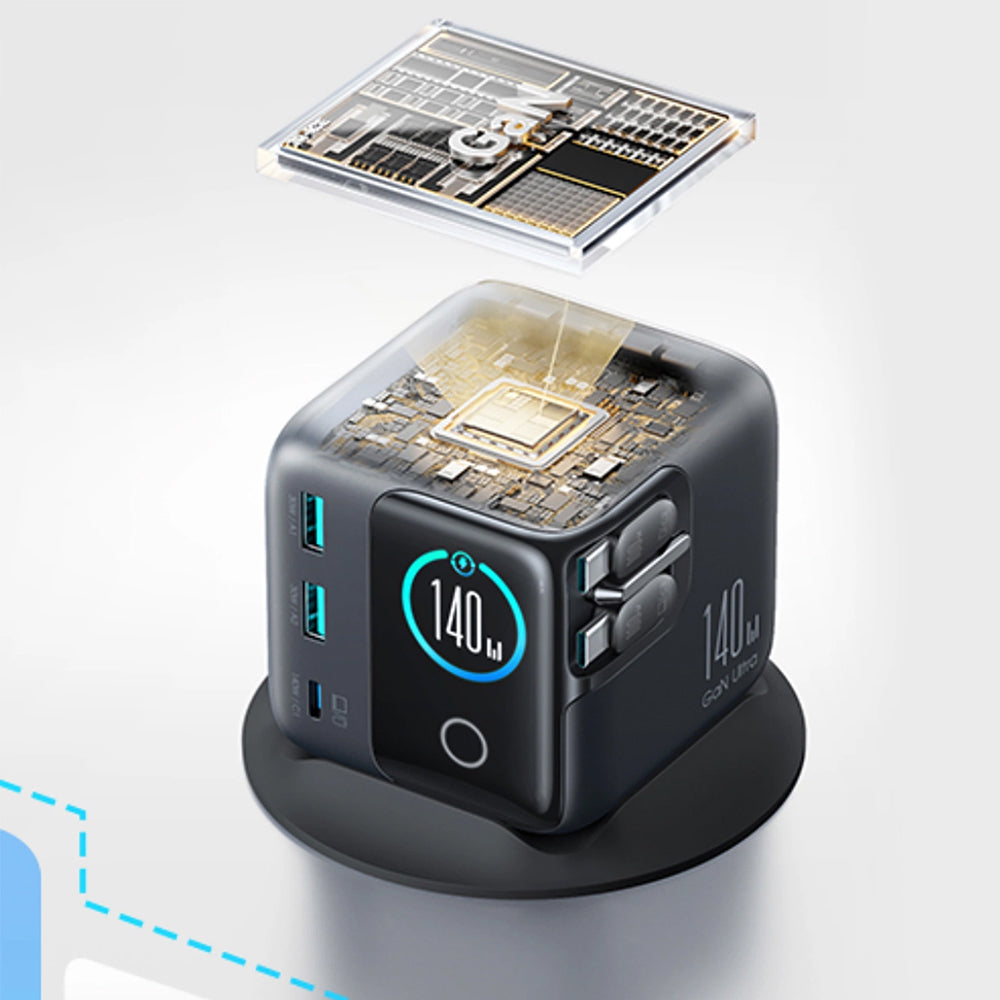 Ladestation GaN mit 140W, 3x USB-C PD 3.1 und 2x USB-A QC 3.0, JoyRoom Podix JR-TRD01, mit LCD-Display, Grau