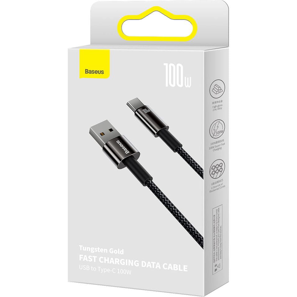 Kabel Baseus Tungsten Gold USB-A zu USB-C 100W 480MB/S 2m, Schwarz