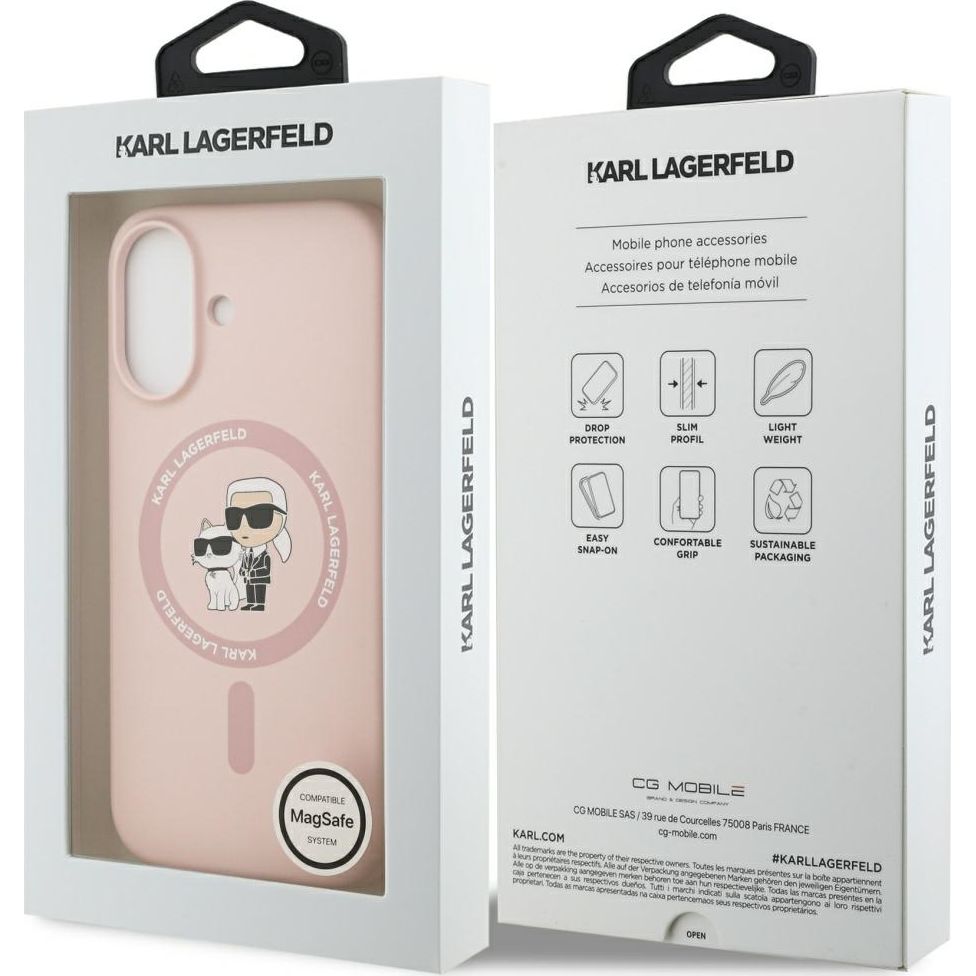 Handyhülle für iPhone 17, Karl Lagerfeld Liquid Hardcase Karl & Choupette Body Ring mit MagSafe, Rosa