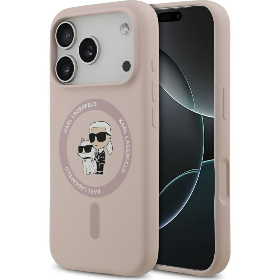 Handyhülle für iPhone 17 Pro, Karl Lagerfeld Liquid Hardcase Karl & Choupette Body Ring mit MagSafe, Rosa