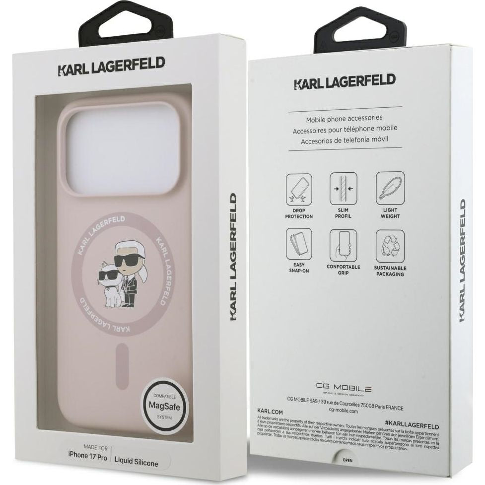 Handyhülle für iPhone 17 Pro, Karl Lagerfeld Liquid Hardcase Karl & Choupette Body Ring mit MagSafe, Rosa