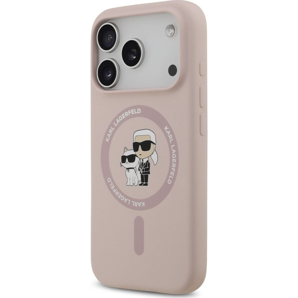 Handyhülle für iPhone 17 Pro, Karl Lagerfeld Liquid Hardcase Karl & Choupette Body Ring mit MagSafe, Rosa