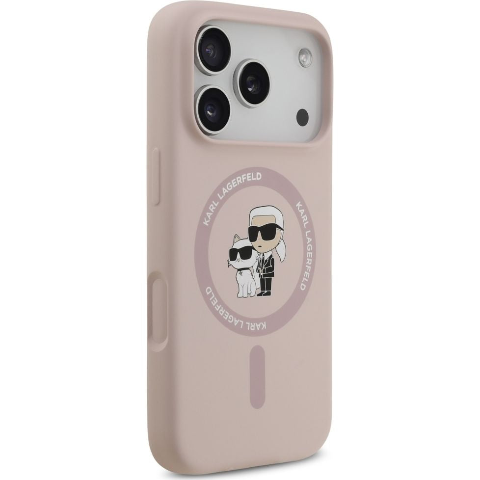 Handyhülle für iPhone 17 Pro, Karl Lagerfeld Liquid Hardcase Karl & Choupette Body Ring mit MagSafe, Rosa