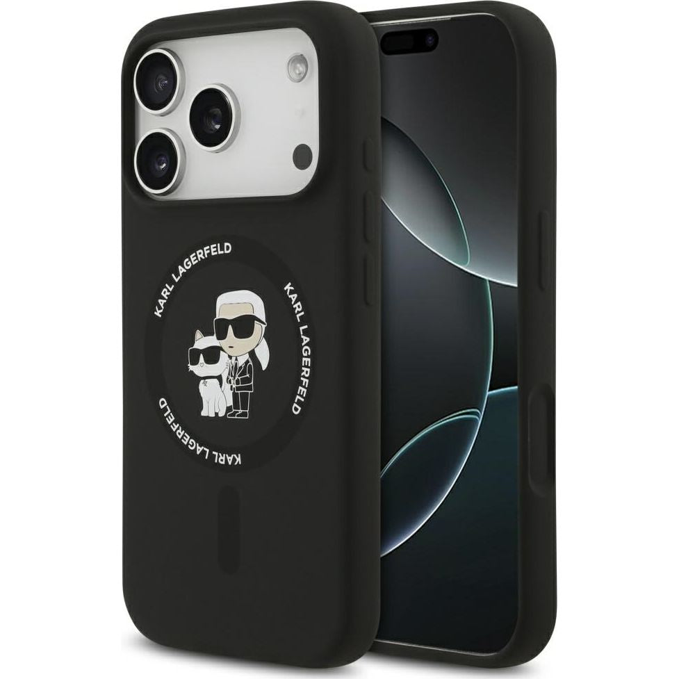 Handyhülle für iPhone 17 Pro, Karl Lagerfeld Liquid Hardcase Karl & Choupette Body Ring mit MagSafe, Schwarz