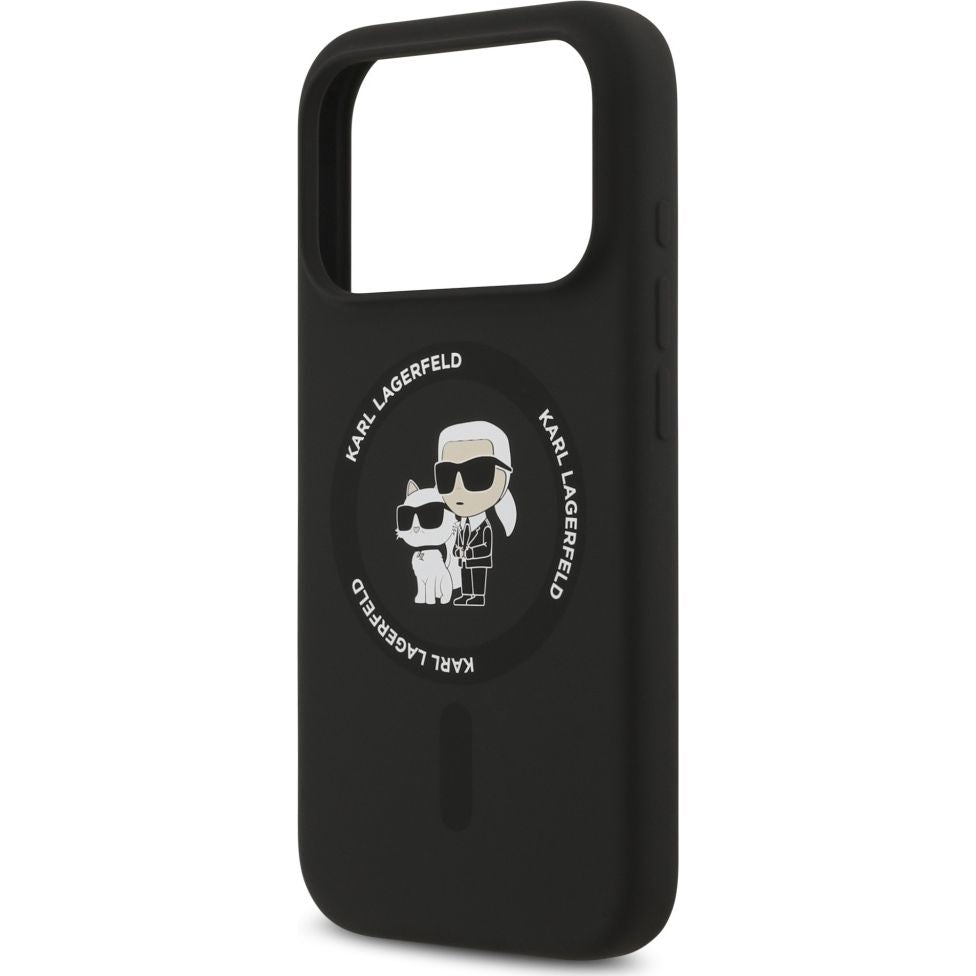Handyhülle für iPhone 17 Pro, Karl Lagerfeld Liquid Hardcase Karl & Choupette Body Ring mit MagSafe, Schwarz