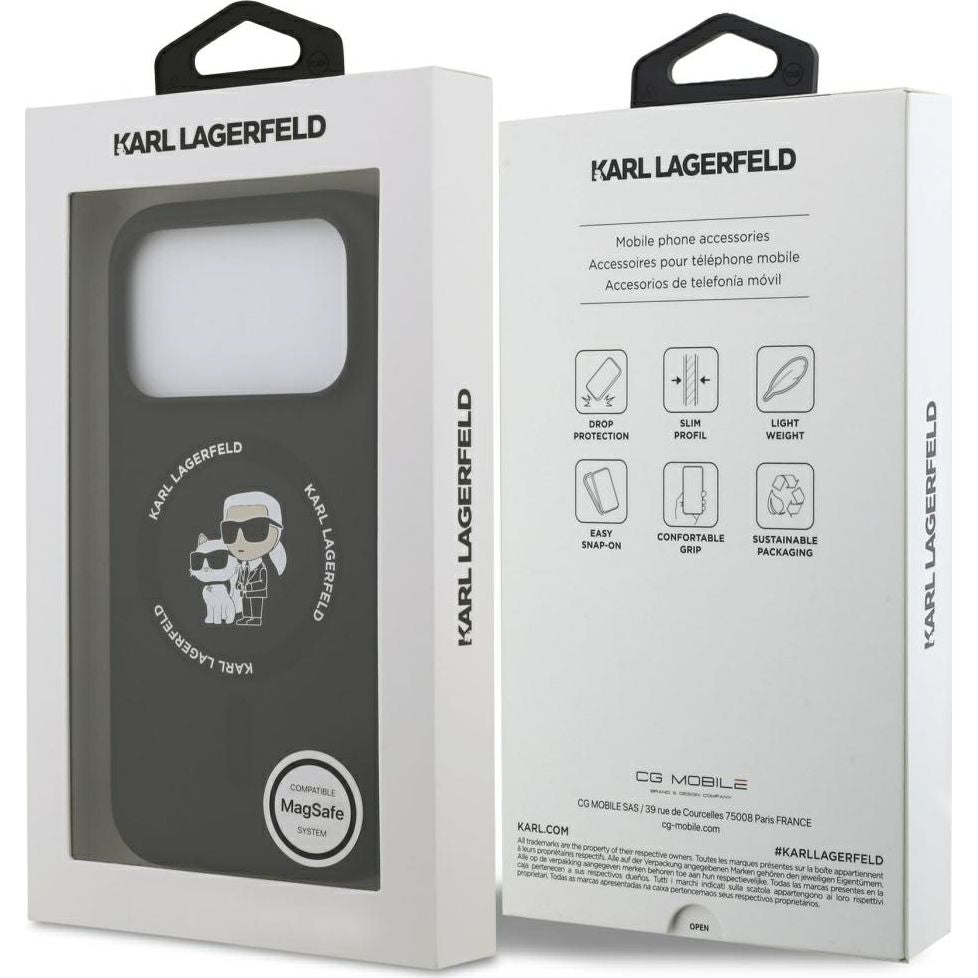 Handyhülle für iPhone 17 Pro Max, Karl Lagerfeld Liquid Hardcase Karl & Choupette Body Ring mit MagSafe, Schwarz