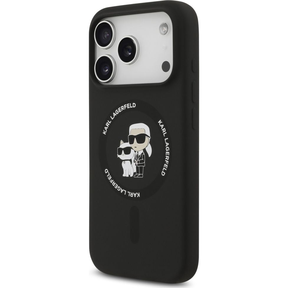 Handyhülle für iPhone 17 Pro Max, Karl Lagerfeld Liquid Hardcase Karl & Choupette Body Ring mit MagSafe, Schwarz