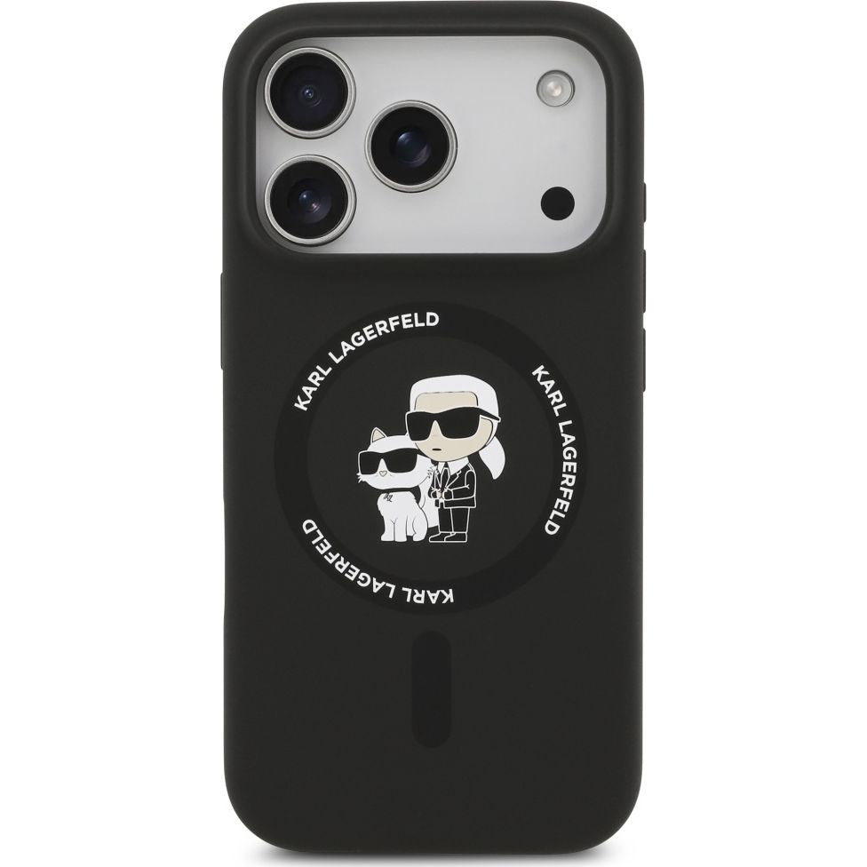Handyhülle für iPhone 17 Pro Max, Karl Lagerfeld Liquid Hardcase Karl & Choupette Body Ring mit MagSafe, Schwarz