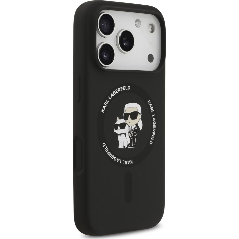 Handyhülle für iPhone 17 Pro Max, Karl Lagerfeld Liquid Hardcase Karl & Choupette Body Ring mit MagSafe, Schwarz