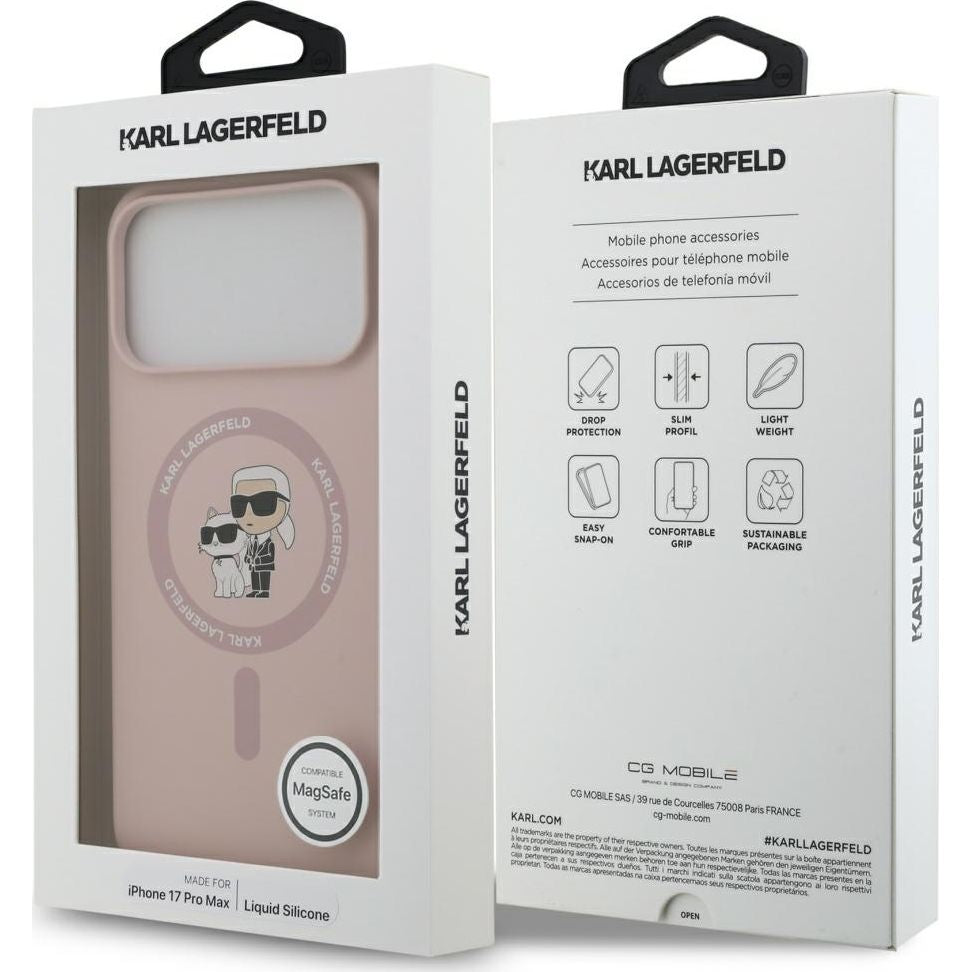 Handyhülle für iPhone 17 Pro Max, Karl Lagerfeld Liquid Hardcase Karl & Choupette Body Ring mit MagSafe, Rosa