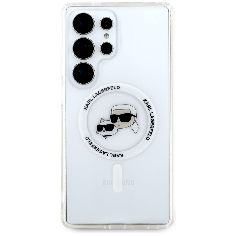 Handyhülle für Galaxy S25 Ultra, Karl Lagerfeld Button Karl&Choupette Heads mit MagSafe, Transluzent mit Weiß