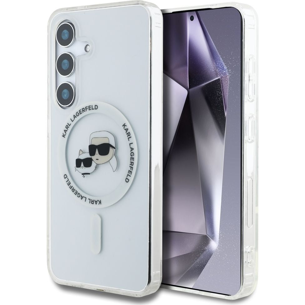 Handyhülle für Galaxy S25 Plus, Karl Lagerfeld Button Karl&Choupette Heads mit MagSafe, Transluzent mit Weiß
