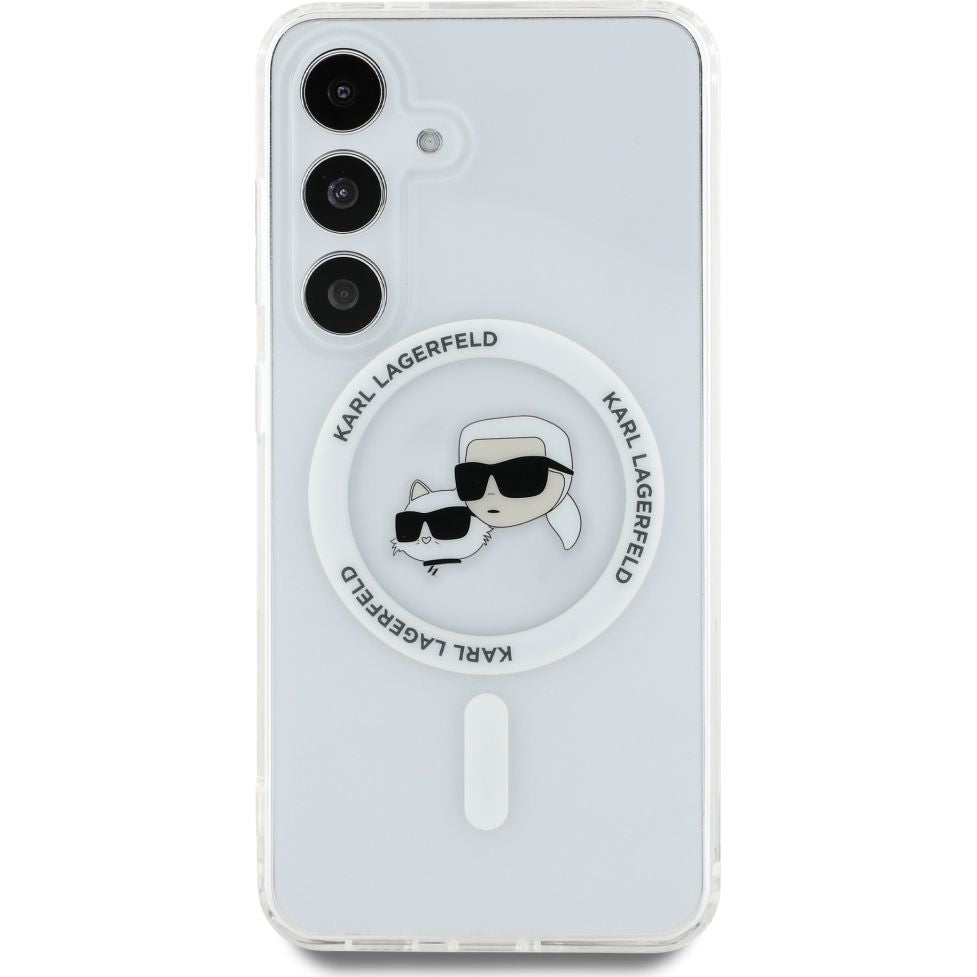 Handyhülle für Galaxy S25 Plus, Karl Lagerfeld Button Karl&Choupette Heads mit MagSafe, Transluzent mit Weiß