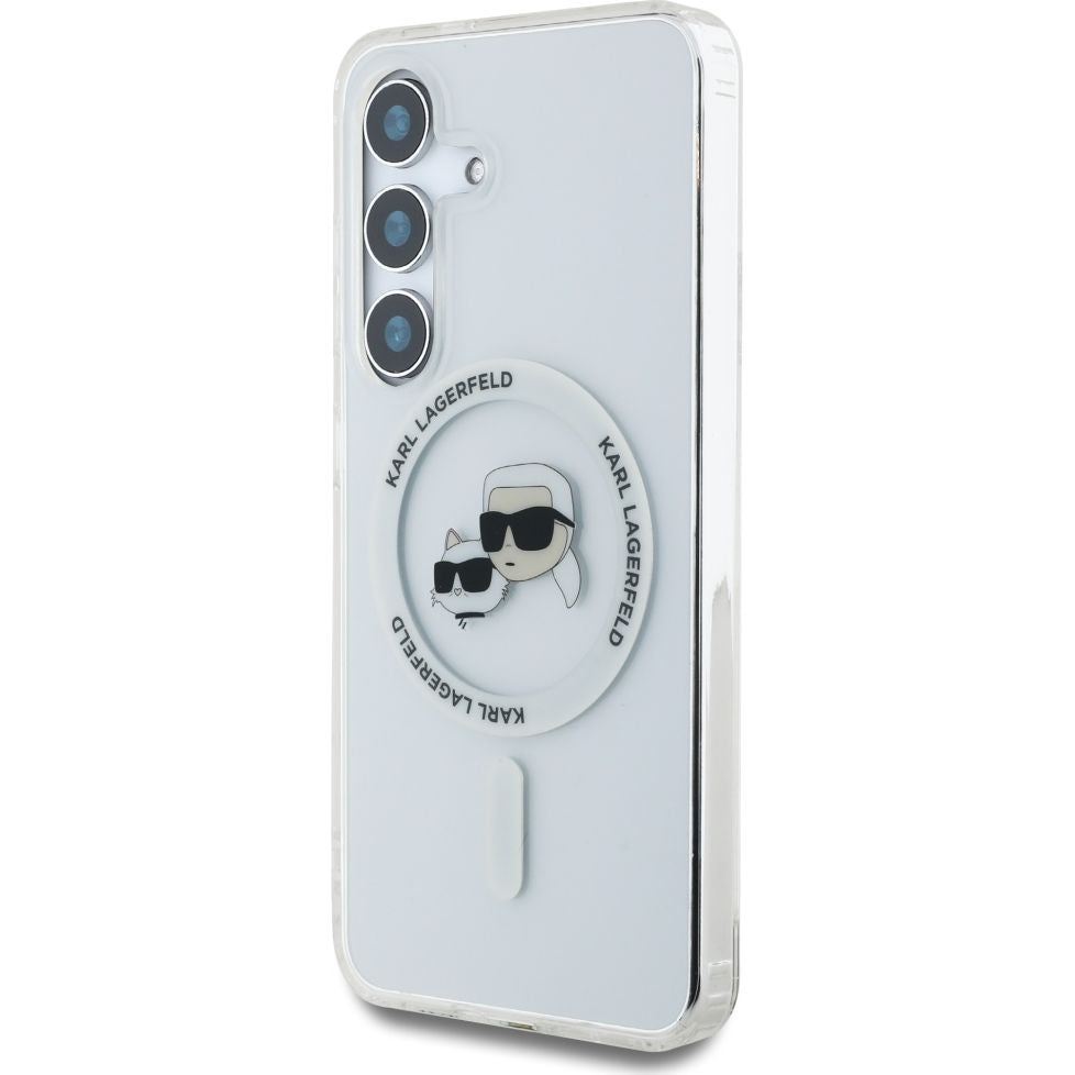Handyhülle für Galaxy S25 Plus, Karl Lagerfeld Button Karl&Choupette Heads mit MagSafe, Transluzent mit Weiß