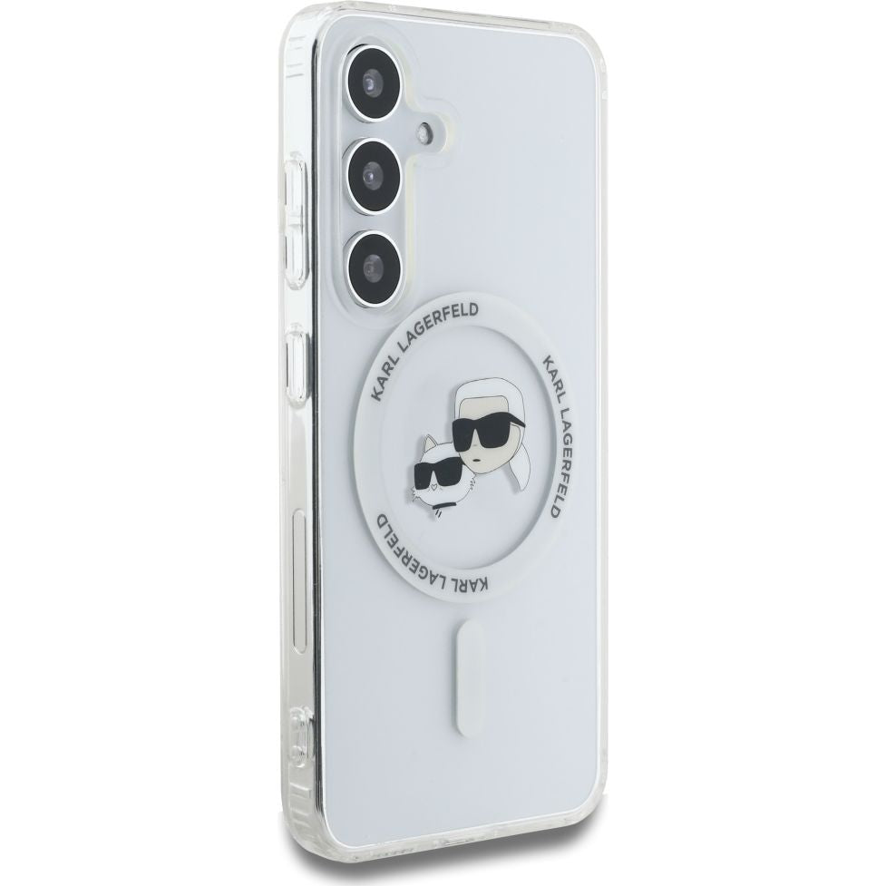 Handyhülle für Galaxy S25 Plus, Karl Lagerfeld Button Karl&Choupette Heads mit MagSafe, Transluzent mit Weiß