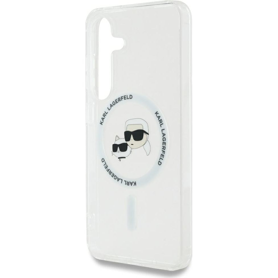 Handyhülle für Galaxy S25 Plus, Karl Lagerfeld Button Karl&Choupette Heads mit MagSafe, Transluzent mit Weiß