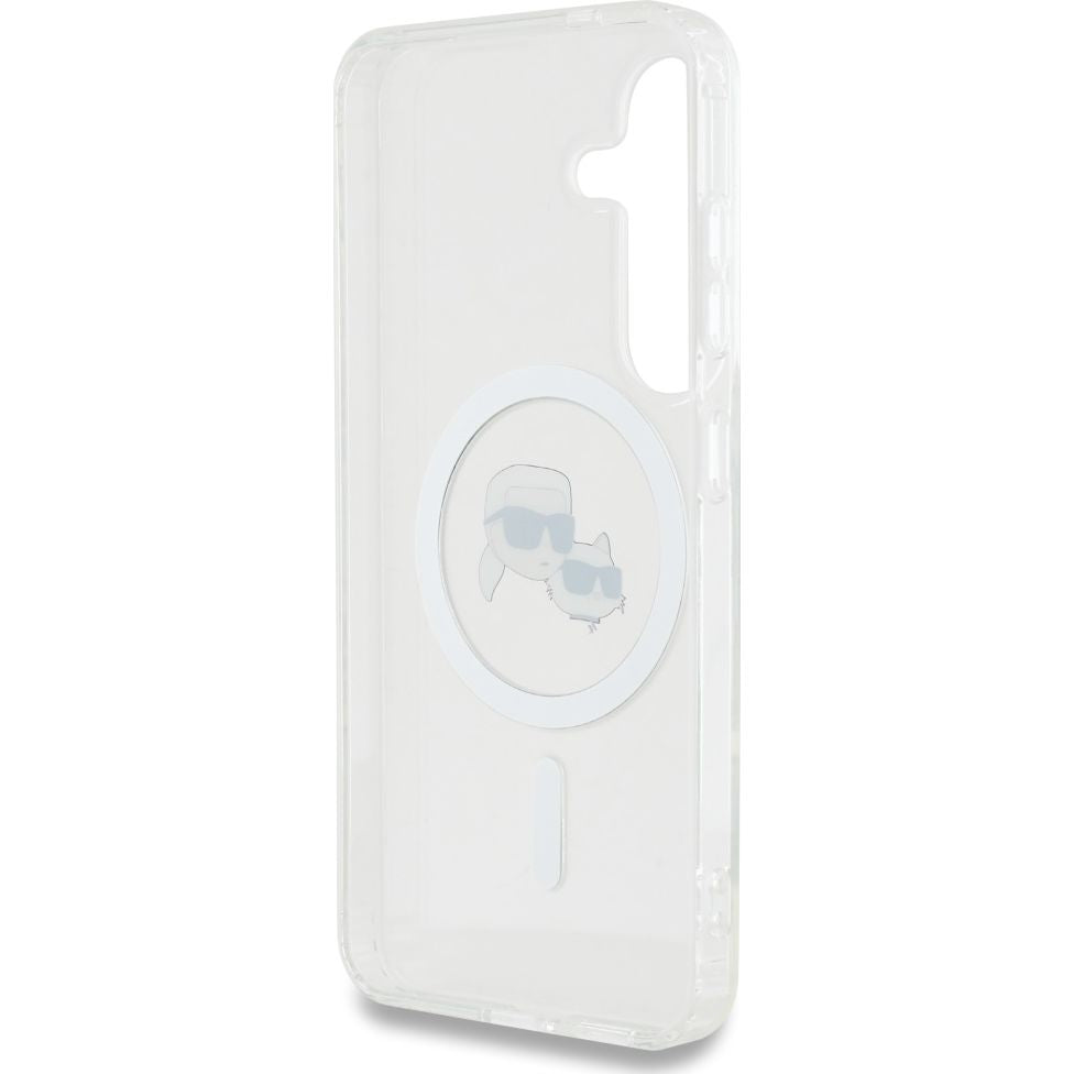 Handyhülle für Galaxy S25 Plus, Karl Lagerfeld Button Karl&Choupette Heads mit MagSafe, Transluzent mit Weiß