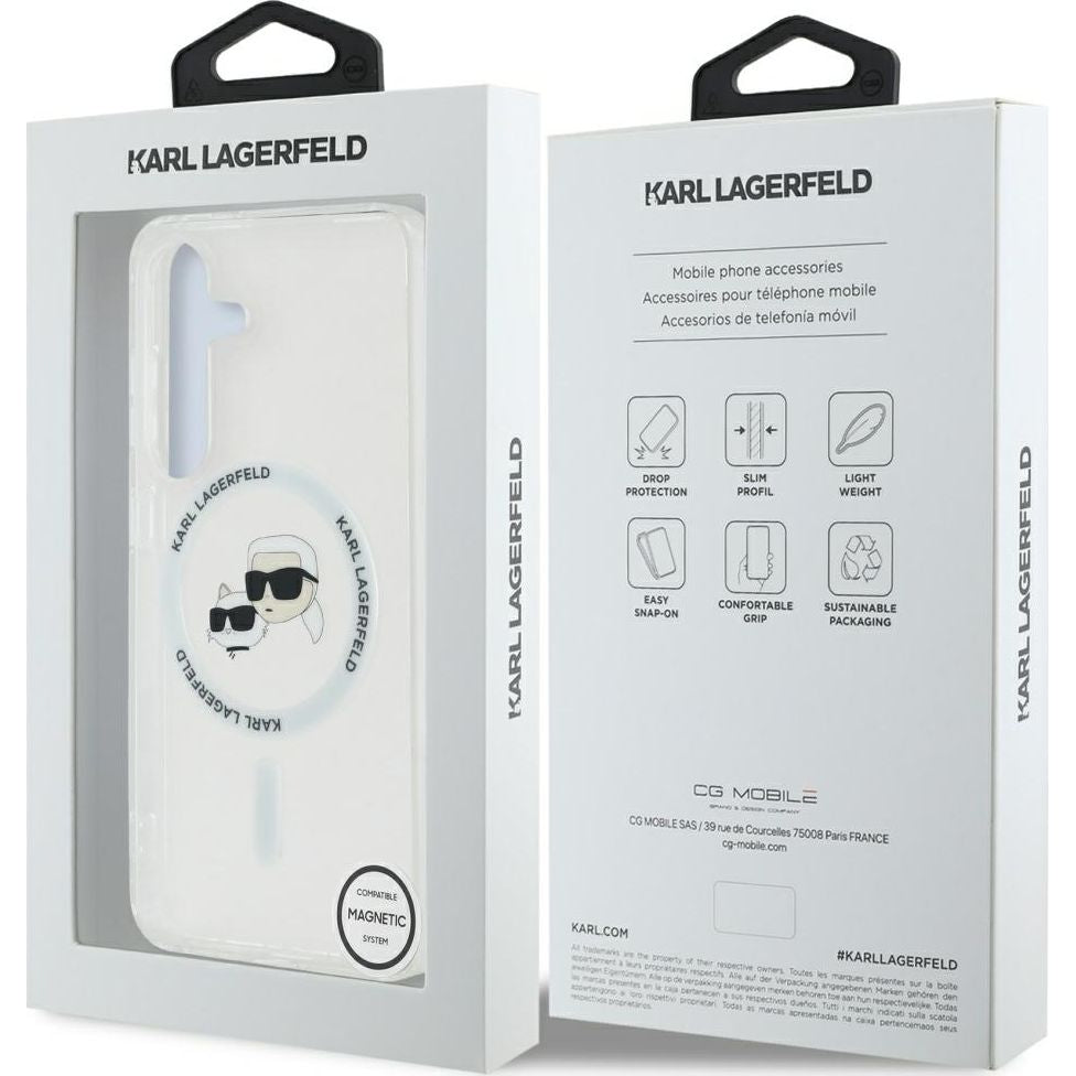 Handyhülle für Galaxy S25 Plus, Karl Lagerfeld Button Karl&Choupette Heads mit MagSafe, Transluzent mit Weiß