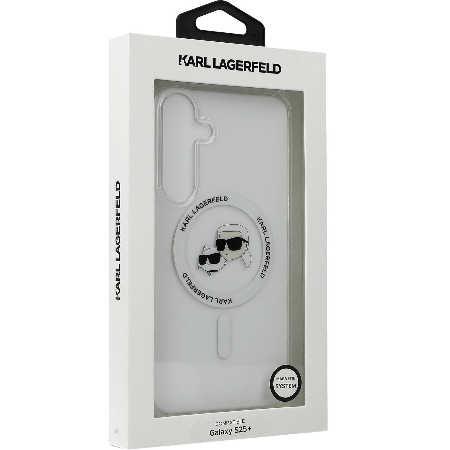 Handyhülle für Galaxy S25 Plus, Karl Lagerfeld Button Karl&Choupette Heads mit MagSafe, Transluzent mit Weiß