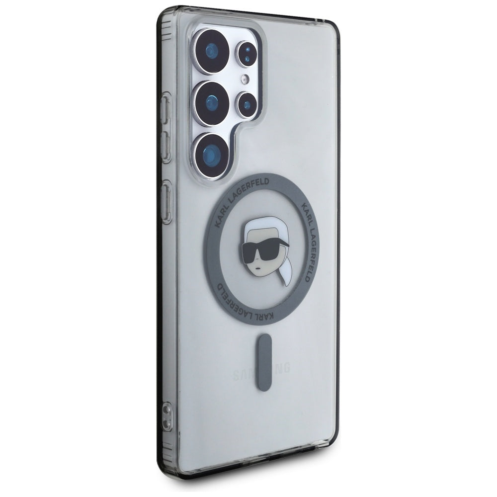 Handyhülle für Galaxy S25 Ultra, Karl Lagerfeld Button Karl Head Printed Logo mit MagSafe, Durchscheinend-Grau