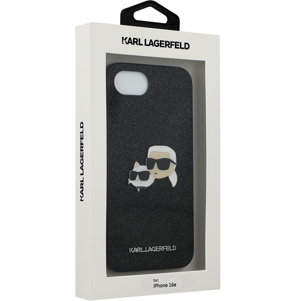 Handyhülle für iPhone 17e / 16e, Karl Lagerfeld Hardcase Fixed Glitter Karl and Choupette Heads Metal Pin, Schwarz