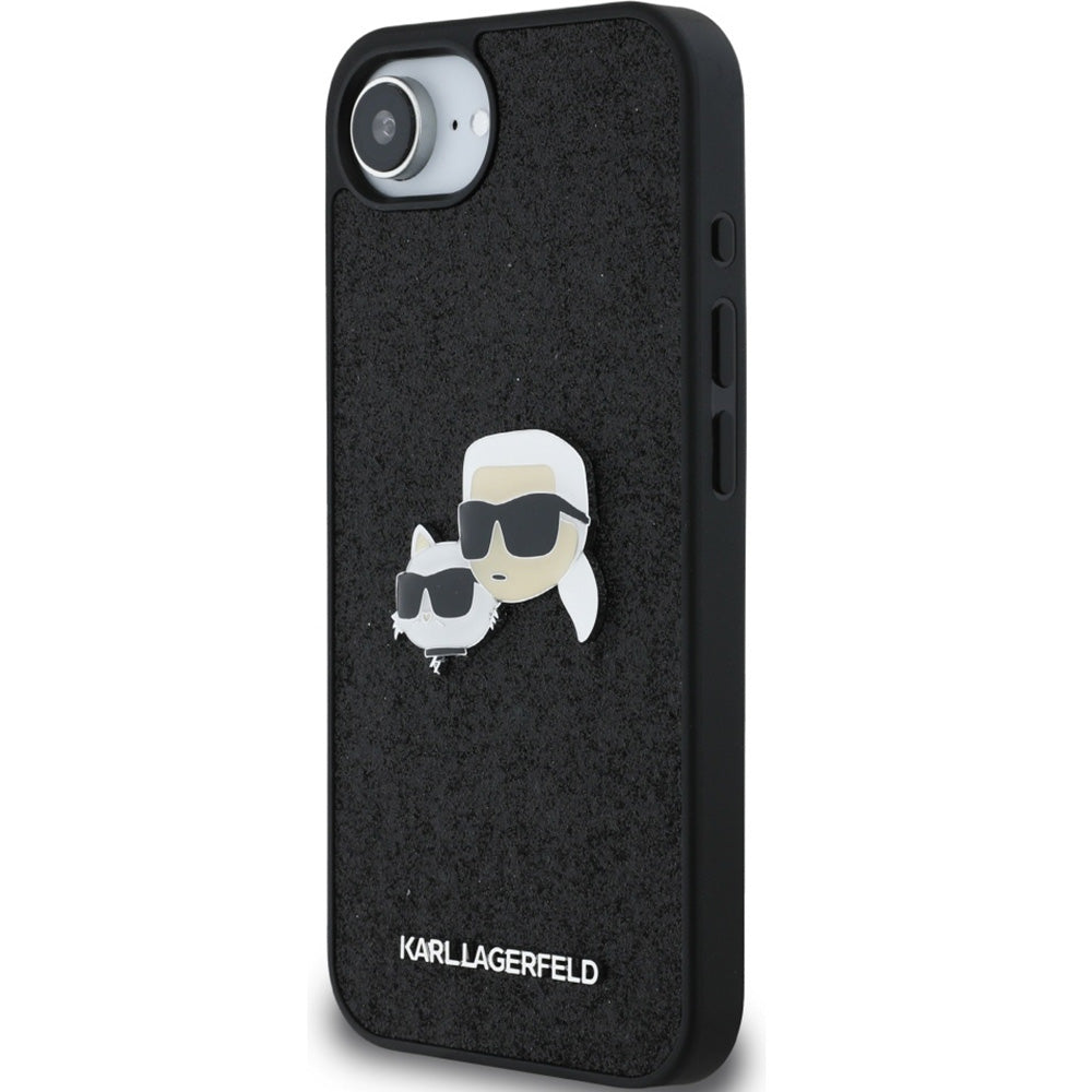 Handyhülle für iPhone 17e / 16e, Karl Lagerfeld Hardcase Fixed Glitter Karl and Choupette Heads Metal Pin, Schwarz