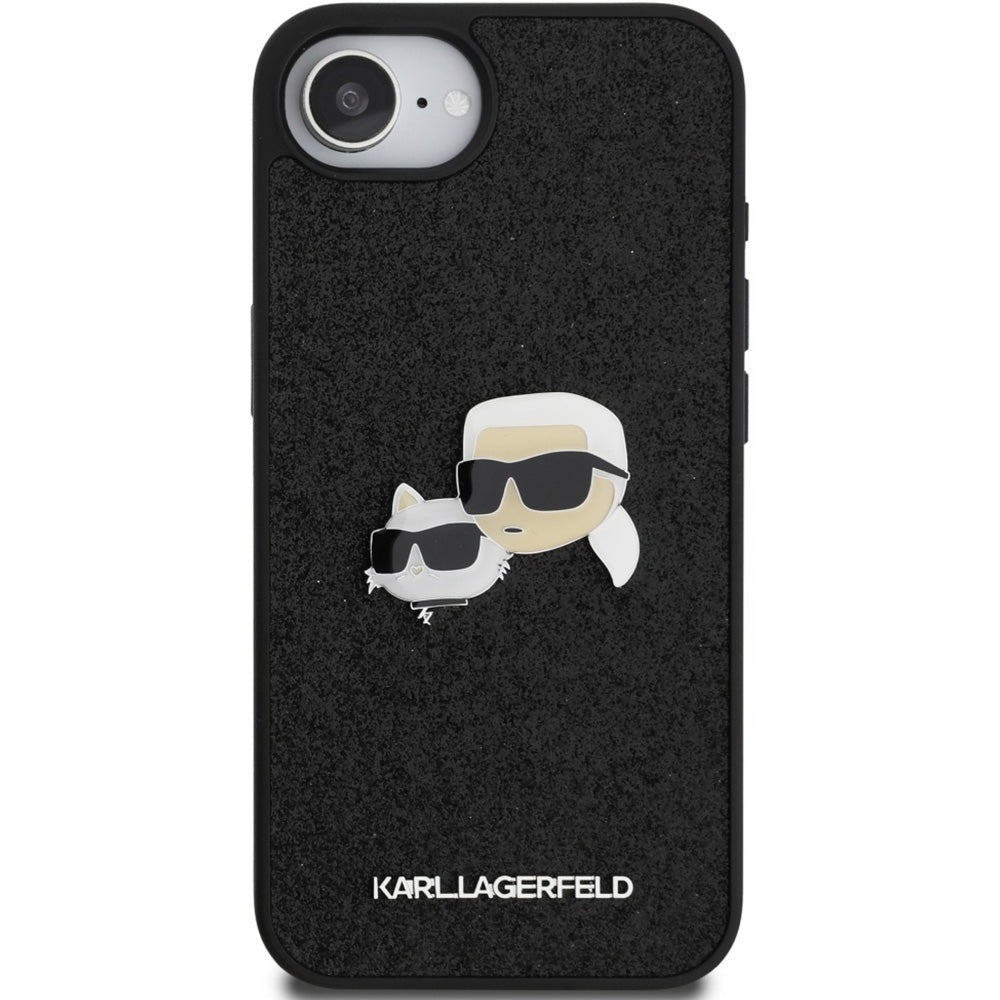 Handyhülle für iPhone 17e / 16e, Karl Lagerfeld Hardcase Fixed Glitter Karl and Choupette Heads Metal Pin, Schwarz