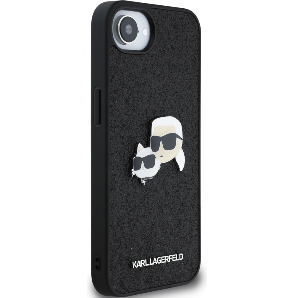 Handyhülle für iPhone 17e / 16e, Karl Lagerfeld Hardcase Fixed Glitter Karl and Choupette Heads Metal Pin, Schwarz