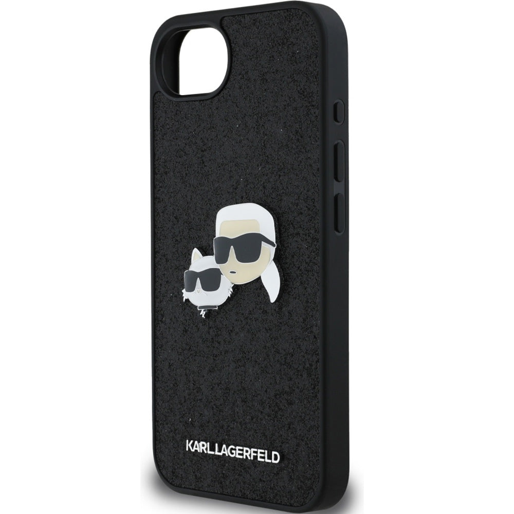 Handyhülle für iPhone 17e / 16e, Karl Lagerfeld Hardcase Fixed Glitter Karl and Choupette Heads Metal Pin, Schwarz
