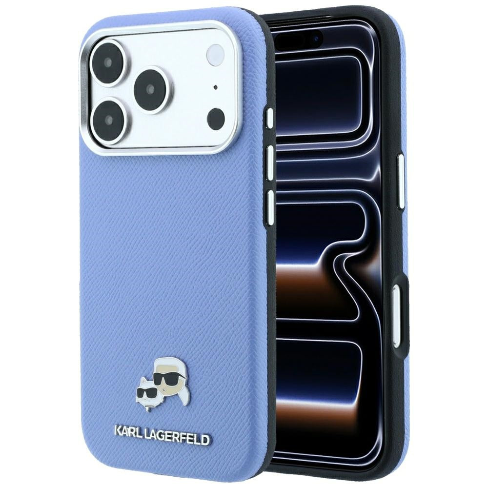 Handyhülle für iPhone 18 Pro / 17 Pro, Karl Lagerfeld HardCase Karl and Choupette Head Pin Saffiano mit MagSafe, Blau