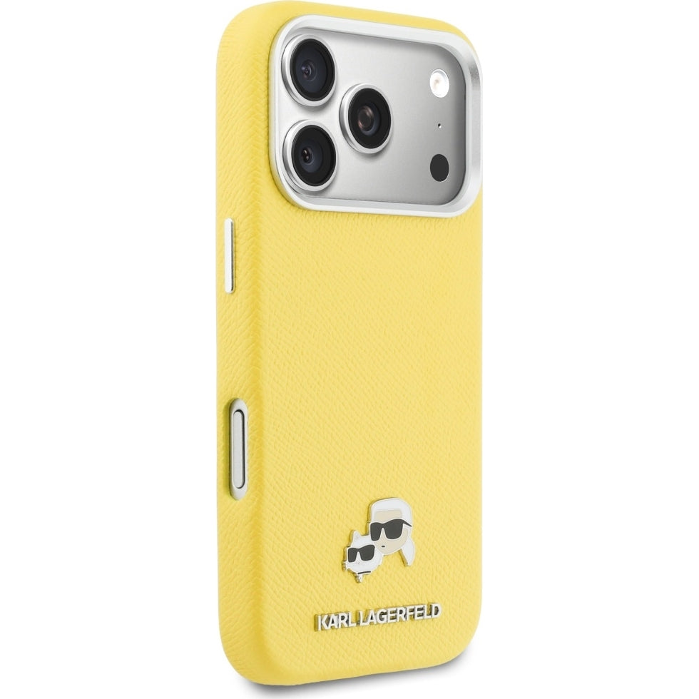 Handyhülle für iPhone 17 Pro Max, Karl Lagerfeld HardCase Karl and Choupette Head Pin Saffiano, Gelb