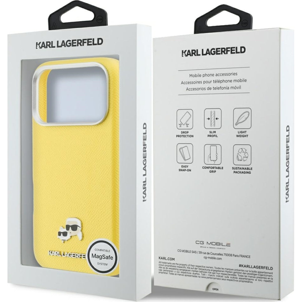 Handyhülle für iPhone 17 Pro Max, Karl Lagerfeld HardCase Karl and Choupette Head Pin Saffiano, Gelb
