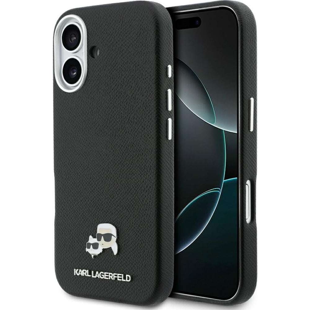 Handyhülle für iPhone 17, Karl Lagerfeld HardCase Karl and Choupette Head Pin Saffiano, Schwarz