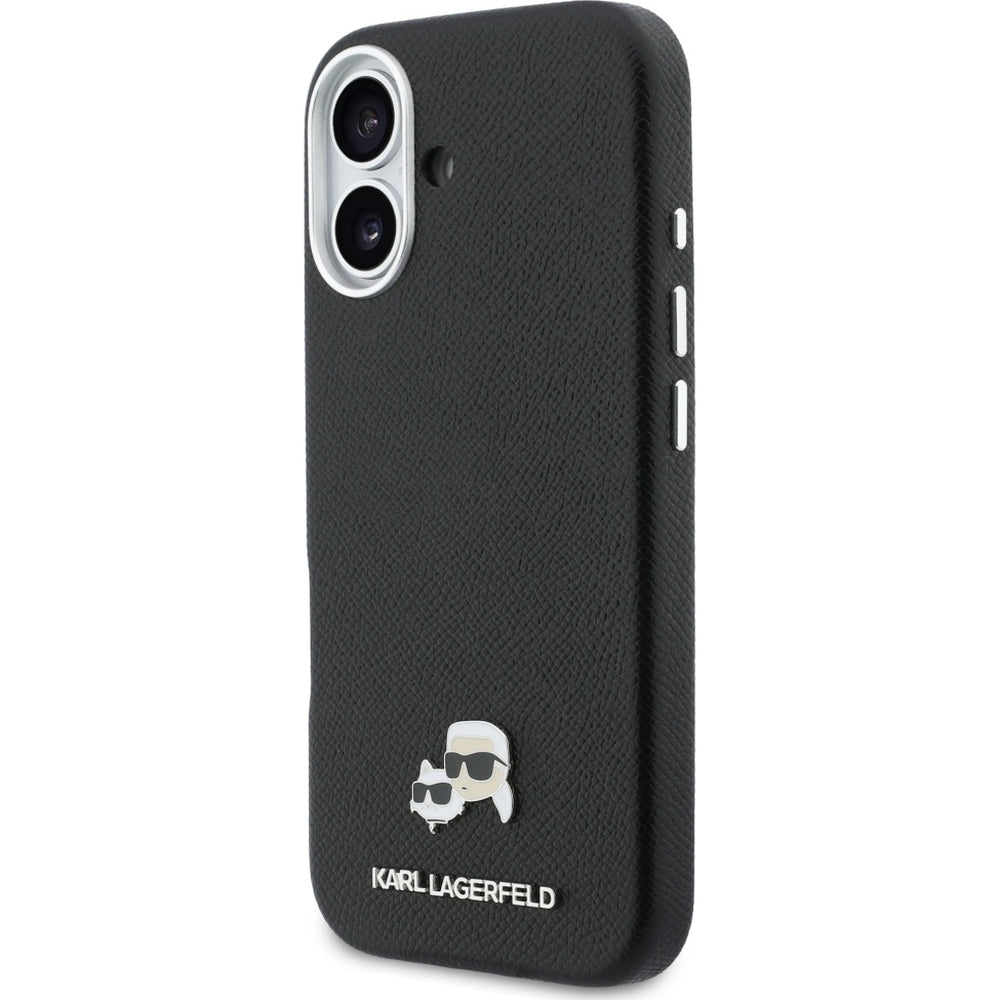 Handyhülle für iPhone 17, Karl Lagerfeld HardCase Karl and Choupette Head Pin Saffiano, Schwarz