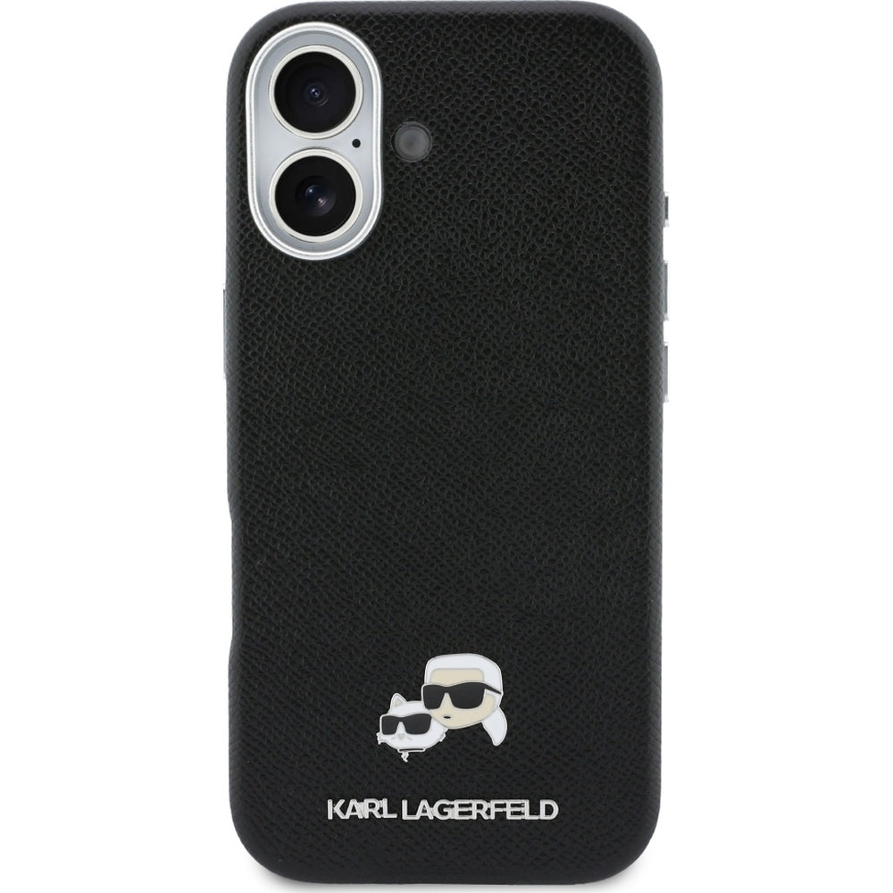 Handyhülle für iPhone 17, Karl Lagerfeld HardCase Karl and Choupette Head Pin Saffiano, Schwarz