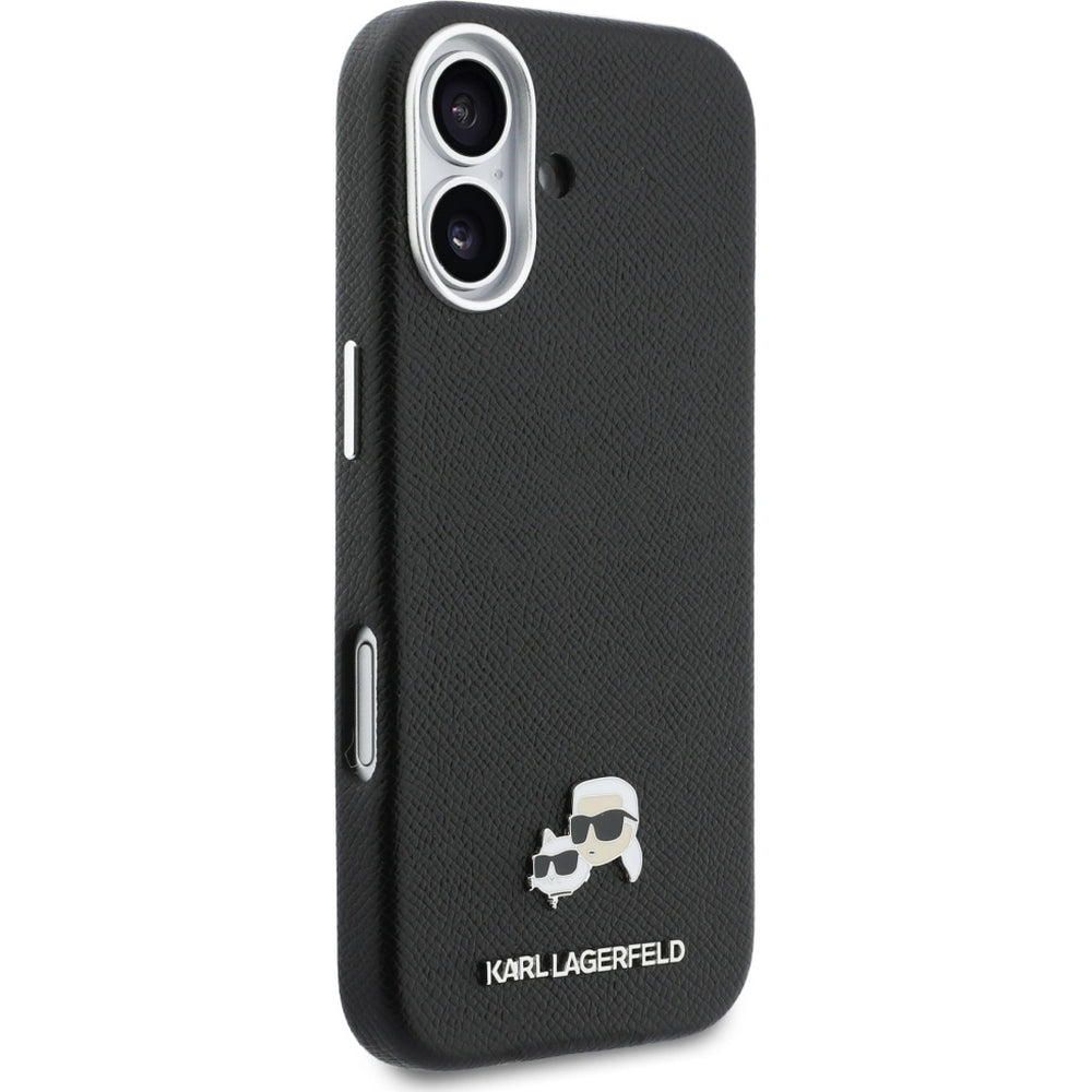 Handyhülle für iPhone 17, Karl Lagerfeld HardCase Karl and Choupette Head Pin Saffiano, Schwarz